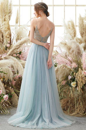 A Line Light Blue Beading Tulle Ball Dress